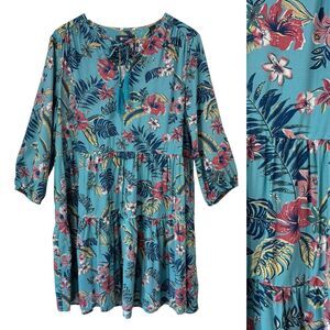 Reyn Spooner Hanalei Gardens Hawaiian Mini Dress Large Blue Floral Rayon Aloha
